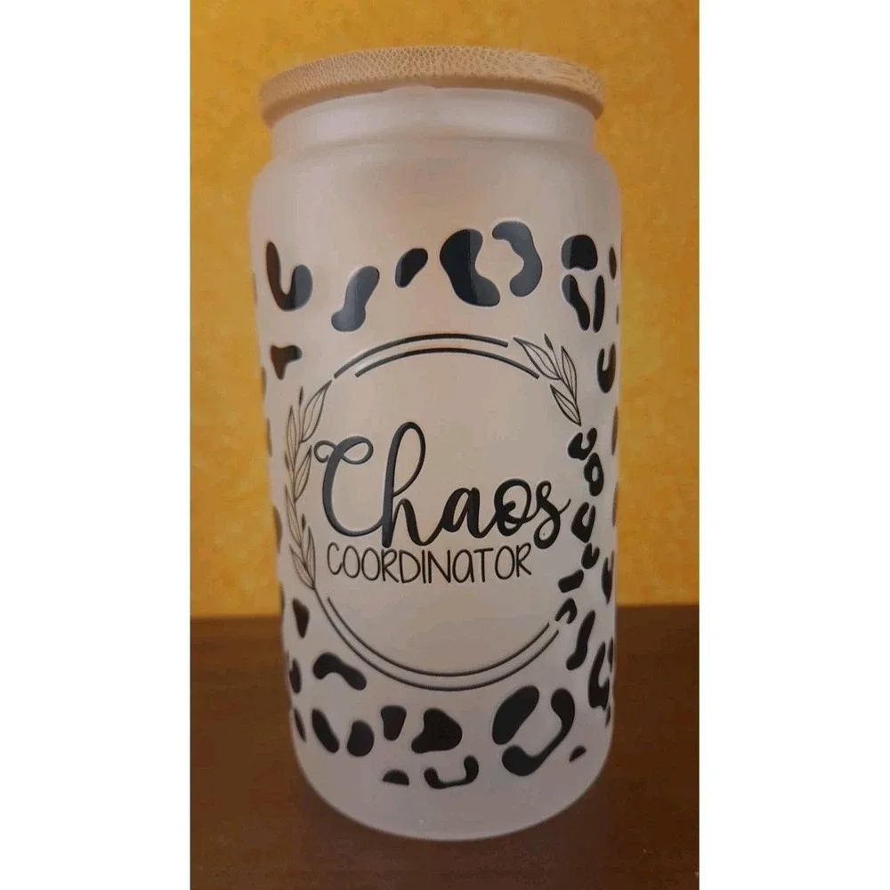 Chaos Coordinator Cheetah 12oz Frosted Glass Tumbler‎ With Straw Wood Top